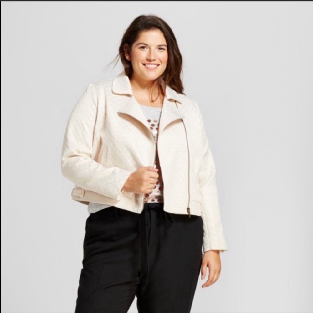 A new day gold metallic cropped asymmetrical zip motto jacket